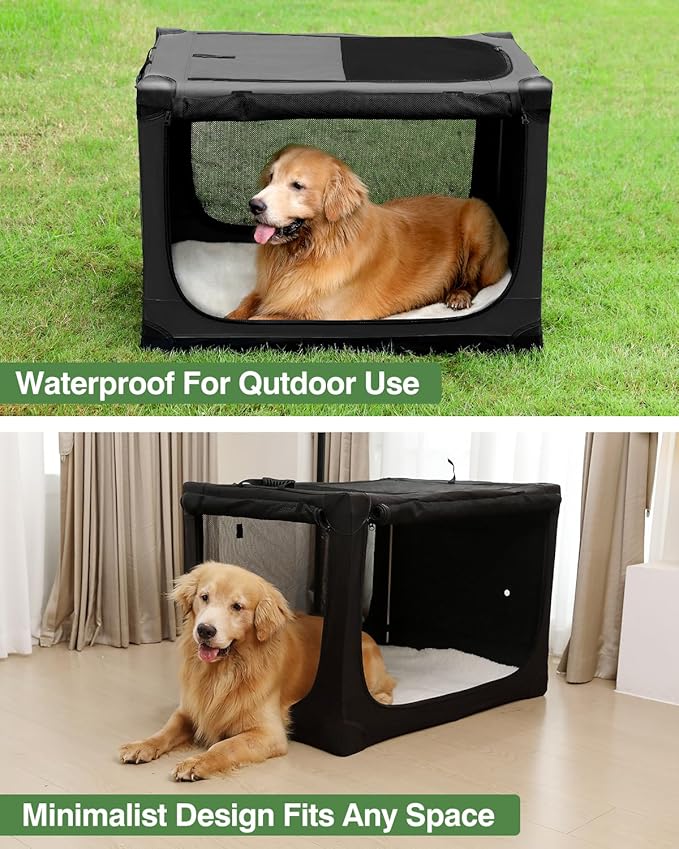 24 Inch Collapsible Travel Dog Crate for Medium Large Dogs, Portable Dog Crate 4-Door Foldable Soft Kennel with Chew-Proof Mesh Windows for Indoor & Outdoor Travel,with Storage Bag,Black