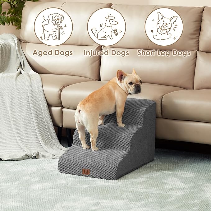 EHEYCIGA Curved Dog Stairs Ramp for Small Dogs 15.7" H, 3-Step Dog Steps for Couch Sofa and Chair, Pet Stairs for Cats, Non-Slip Balanced Pet Steps Indoor, Grey