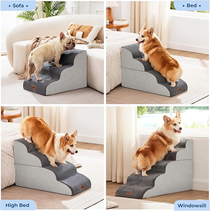 Dog Stairs for Bed - Pet Stairs for Small to Medium Dogs to Get on Bed and Couch, 35D Foam Dog Steps with Non-Slip Bottom Dog Ramp Grey, 4 Steps, 2-in-1 Connected by Zipper