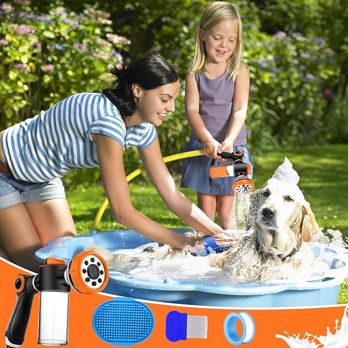 Upgrade Dog Washing Hose Attachment Soap Dispenser, Dog Wash Hose Attachment with Pet Bath Brush Car Wash Mitt and Dog Comb for Showering Pet (Hose Not Include)