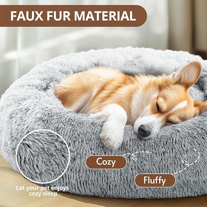 JOLLYVOGUE Small Dog Bed & Cat Bed, Anti-Anxiety Calming Dog Bed for Small Dogs, Donut Warming Cozy Soft Round Pet Bed, Fluffy Faux Fur Cushion Bed for Small Medium Dogs(20")