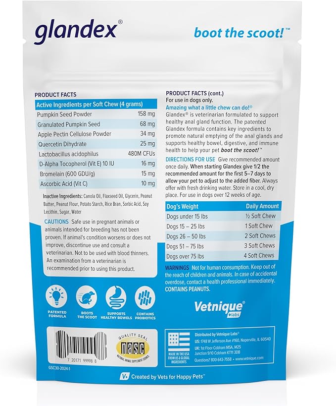 Glandex Anal Gland Soft Chew Treats with Pumpkin for Dogs Digestive Enzymes, Probiotics Fiber Supplement for Dogs Boot The Scoot (Peanut Butter Chews, 30ct)