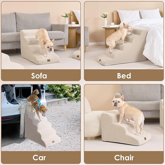 EHEYCIGA Curved Dog Stairs Ramp for High Beds 19.7" H, 4-Step Dog Steps for Small Dogs and Cats, Pet Stairs for High Bed Climbing, Non-Slip Balanced Pet Step Indoor, Beige