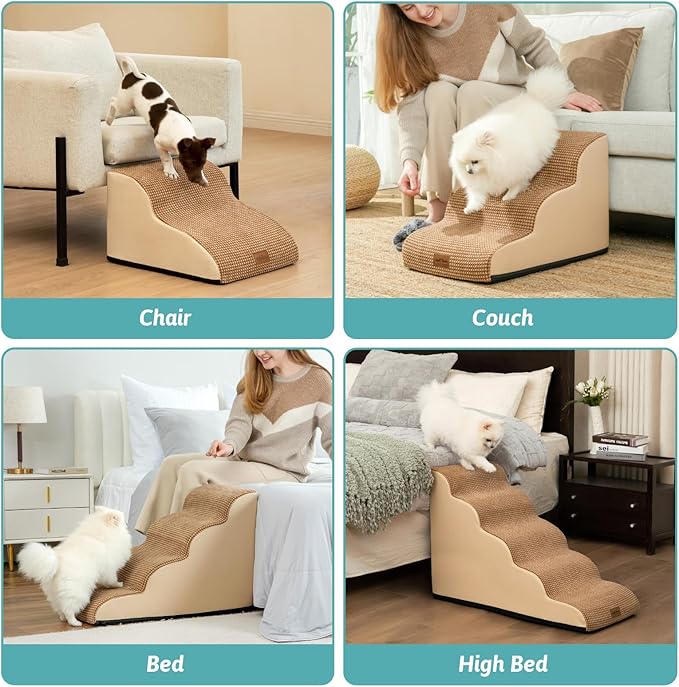 Dog Stairs for Small Dogs, Curved Pet Step with Leakproof Cover, High Density Foam Cat Ramp for Bed or Sofa, Lightweight, Durable, Comfort, 15.7x22.4x15.7 inch, 3 Tiers, Light Brown