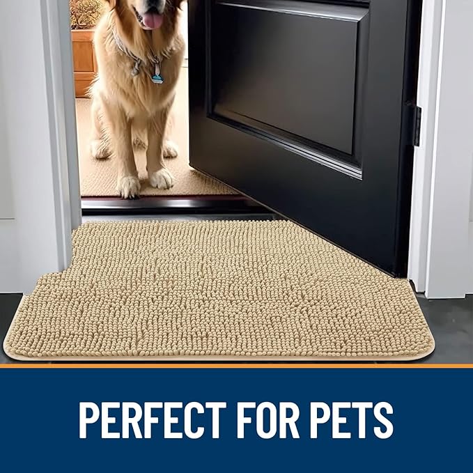 OLANLY Dog Door Mat for Muddy Paws 24x16, Absorbs Moisture and Dirt, Absorbent Non-Slip Washable Mat, Quick Dry Chenille, Mud Mat for Dogs, Entry Indoor Door Mat for Inside Floor, Beige