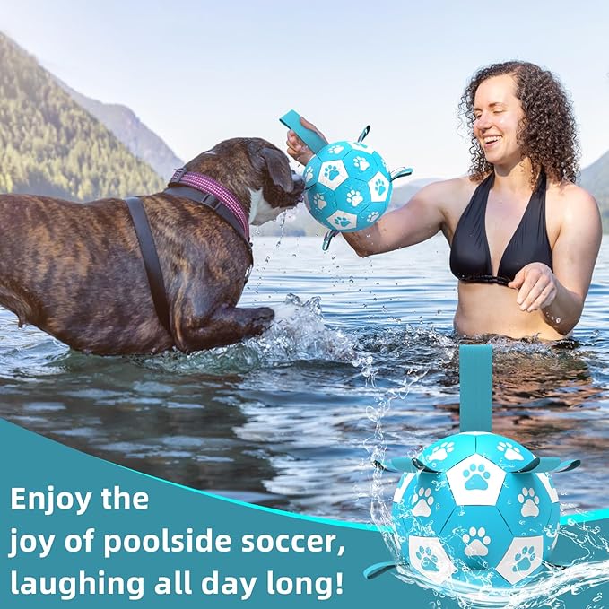 QDAN Dog Toys Soccer Ball with Straps - Durable Dog Balls for Large Dogs, Beach Pool Dog Water Toy, Dog Tug Toys for Tug of War, Puppy Dog Birthday Gifts (8 Inch)