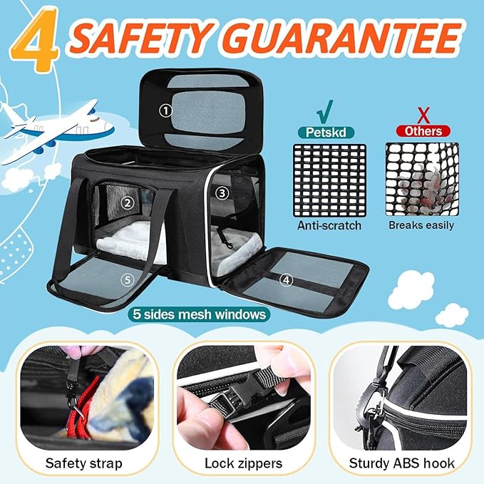 Petskd Top-Expandable Pet Carrier 17x12x8.5 Inches JetBlue Frontier Spirit Airline Approved, Soft-Sided Carrier for Small Cats and Dogs with Locking Safety Zippers and Anti-Scratch Mesh(Black)