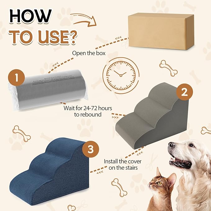 Romrol Dog Stairs Ramp for Beds Couches, Extra Wide Pet Steps with Durable Non-Slip Waterproof Fabric Cover, Pets Slope Stairs, 3-Tiers,Dusty Blue