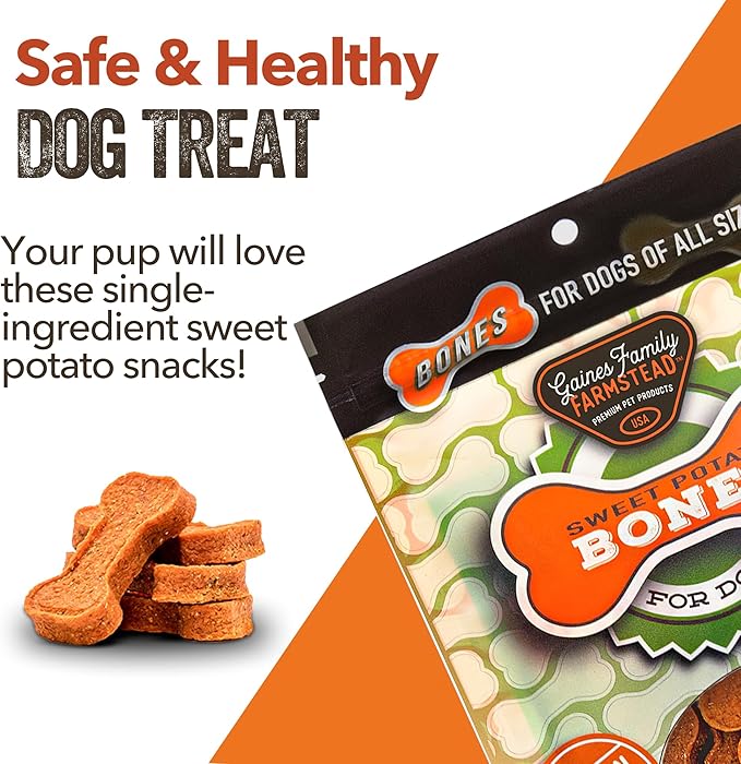 Gaines Family Farmstead Sweet Potato Dog Bones, All-Natural, Grain Free Dog Treats for All Ages & Breeds, Great for Training and Rewards, Made in USA, 8 Ounce Bag