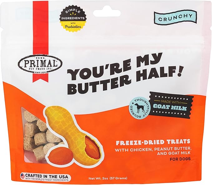 Primal Freeze Dried Dog Treats; Chicken & Peanut Butter Dog Treats with Goat Milk for Dogs, You're My Butter Half, Grain Free Training Treats for Dogs with Probiotics, 2 oz