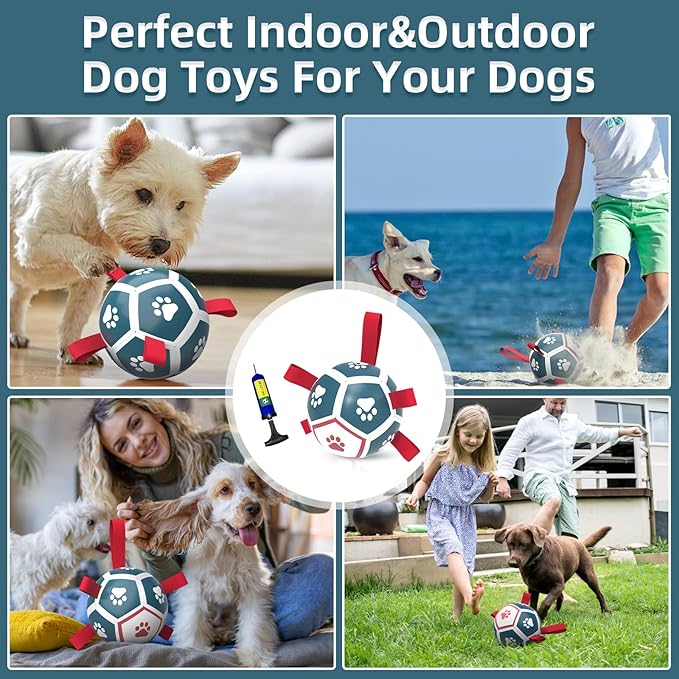 QDAN Dog Toys Soccer Ball with Straps, Outdoor Interactive Dog Toys for Tug of War, Puppy Birthday Gifts, Dog Tug Toy, Dog Water Toy, Durable Dog Balls for Small Dogs - Blue&Red(5 Inch)