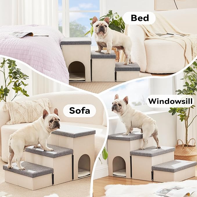 Love's cabin Dog Stairs for Small Medium or Large Dogs with Storage and Condo,Foldable Dog Steps for Bed or Couch,3-Step Gray Folding Cat Dog Ramp with Zip up to 210 lbs,Light Grey