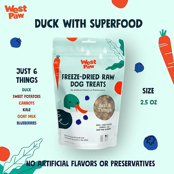 WEST PAW Freeze-Dried Raw All Natural Dog and Puppy Training Treats, Single Ingredient, Humanely Raised and Sustainably Sourced, Made in USA, Duck with Superfood, 2 Pack