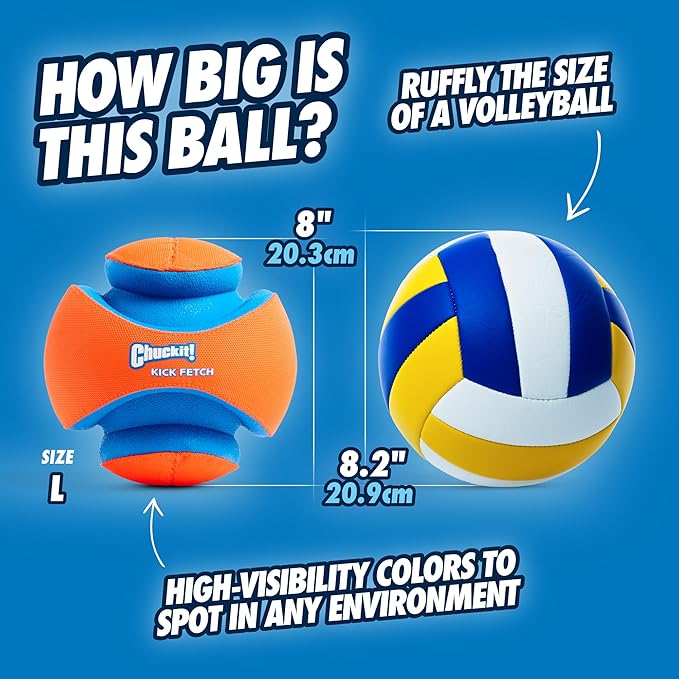 Chuckit! Kick Fetch Ball Dog Toy - Floats in Water - Perfect for Interactive Play - Made with Durable Rubber and Foam - For Large Dogs - Size Large - 8-inch Diameter - Pack of 1