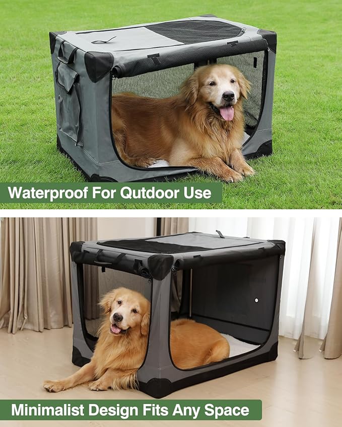24 Inch Collapsible Travel Dog Crate for Medium Large Dogs, Portable Dog Crate 4-Door Foldable Soft Kennel with Chew-Proof Mesh Windows for Indoor & Outdoor Travel,with Storage Bag,Grey