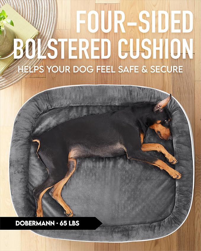 OhGeni Orthopedic Dog Bed for Jumbo Dogs, Dog Couch Design with Egg Foam Support, Removable, Washable Plush Cover and Non-Slip Bottom with Four Sided Bolster Cushion (Gray)