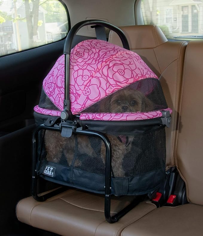 Pet Gear 3-in-1 Travel System, View 360 Stroller Converts to Carrier and Booster Seat with Easy Click N Go Technology, for Small Dogs & Cats, 4 Colors New Pink Floral