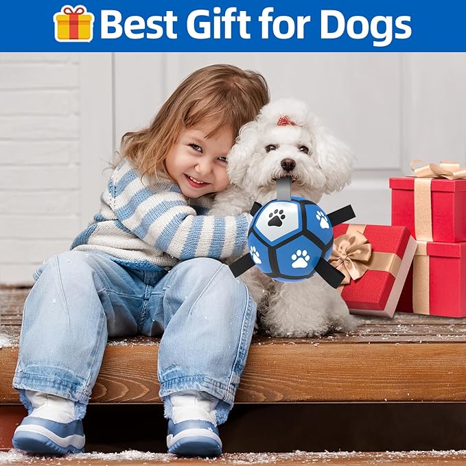 QDAN Dog Toys Soccer Ball - Durable Dog Balls for Small Dogs, Puppy Birthday Gifts, Dog Tug Toy with Strap for Tug of War (5 Inch)