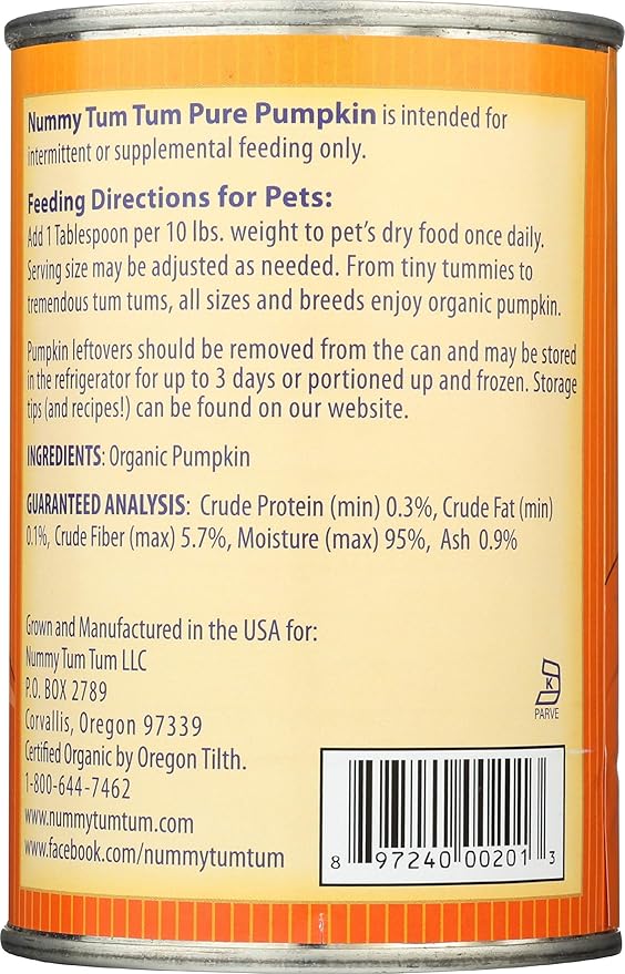 Organic Canned Pumpkin For Dogs, 15 OZ (Pack of 12)