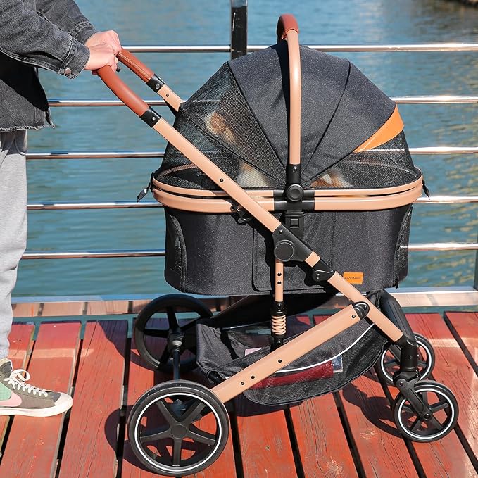 EchoSmile 4 in 1 Pet Stroller, Folding Lightweight Cat & Dog Stroller with Detachable Carrier, NO-Zip 180° Reversible Canopy, All Terrain 4-Wheel,45 lbs Capacity for Small to Medium Dogs