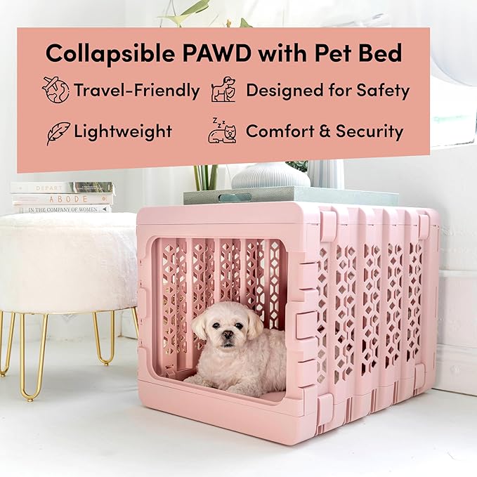 KindTail PAWD Collapsible Puppy and Dog Crate + Washable Bed - Stylish Pet Kennel with Comfortable Pad - Safe Indoor Set - Lightweight, Compact & Portable for Travel - Medium White