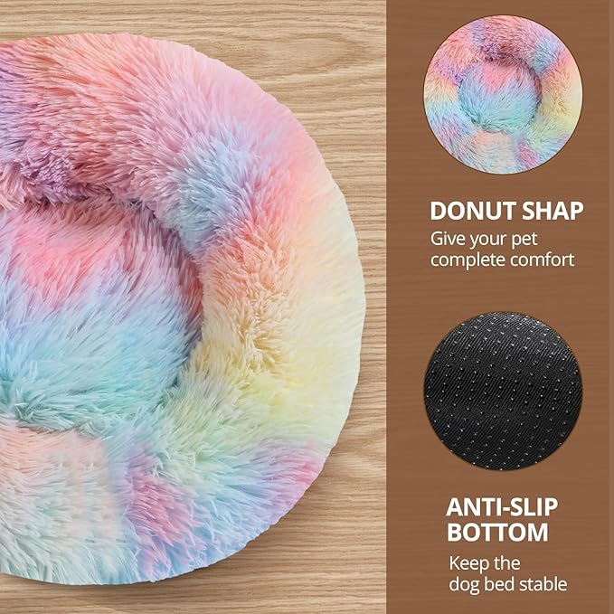 JOLLYVOGUE Dog Bed Cat Bed, Anti-Anxiety Small Dog Bed, Calming Donut Dog Bed for Puppy, Cozy Cat Bed, Fluffy Dog Beds for Small Dogs, Washable Round Puppy Bed for Indoor Pets (20"/Rainbow