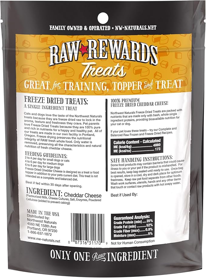 Northwest Naturals Raw Rewards Freeze-Dried Cheddar Cheese Treats for Dogs and Cats - Bite-Sized Pieces - Healthy, 1 Ingredient, Human Grade Pet Food, Natural - 6 Oz (Pack of 3)