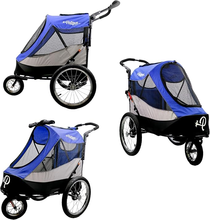 Petique Trailblazer Pet Jogger/Stroller, Bike Trailer, Shock Absorbing Bike Wheels, Large Entry Way, Peek-a-Boo Window, Small/Medium/Large Dogs, Cats and Pets, Supports up to 77LBS - Atlas (Blue)