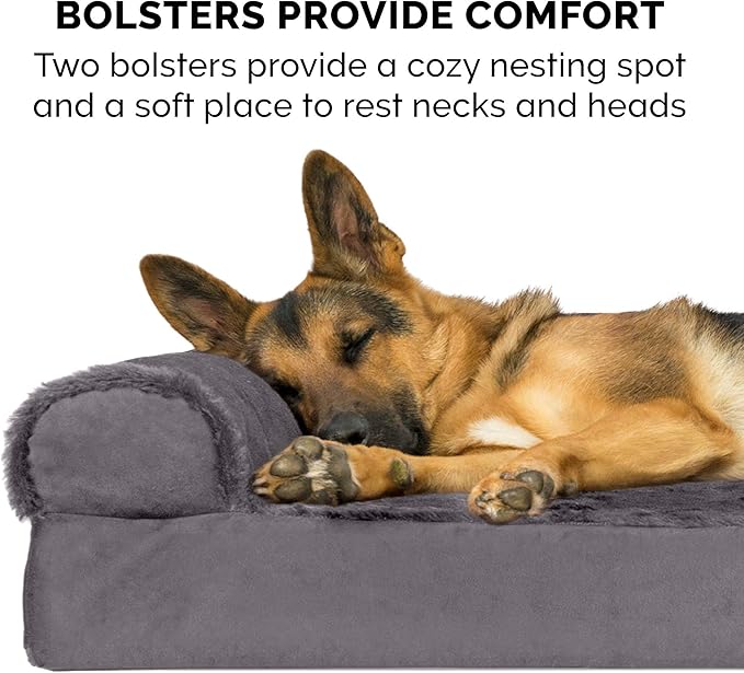 Furhaven Memory Foam Dog Bed for Large Dogs w/ Removable Bolsters & Washable Cover, For Dogs Up to 125 lbs - Plush & Velvet L Shaped Chaise - Platinum Gray, Jumbo Plus/XXL