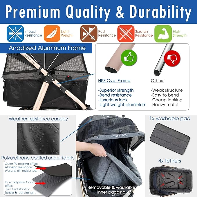 HPZ Pet Rover Titan-HD Premium Super-Sized Dog/Cat/Pet Stroller SUV Travel Carriage/w Access Ramp/100Lbs Capacity/Pumpless Rubber Wheels/Aluminum Frame for Small, Med, Large, XL Pets (Black)