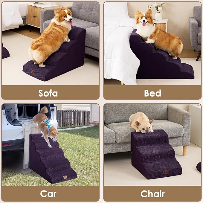 EHEYCIGA Curved Dog Stairs Ramp for High Beds 19.7" H, 4-Step Dog Steps for Small Dogs and Cats, Pet Stairs for High Bed Climbing, Non-Slip Balanced Pet Step Indoor, Purple