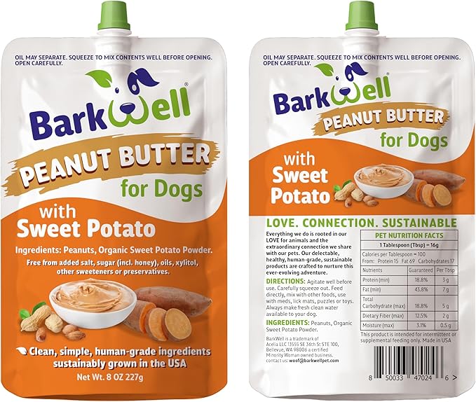 Peanut Butter Squeeze - 8oz Pouch Sweet Potato All-Natural Dog Peanut Butter, Sourced and Made in The USA