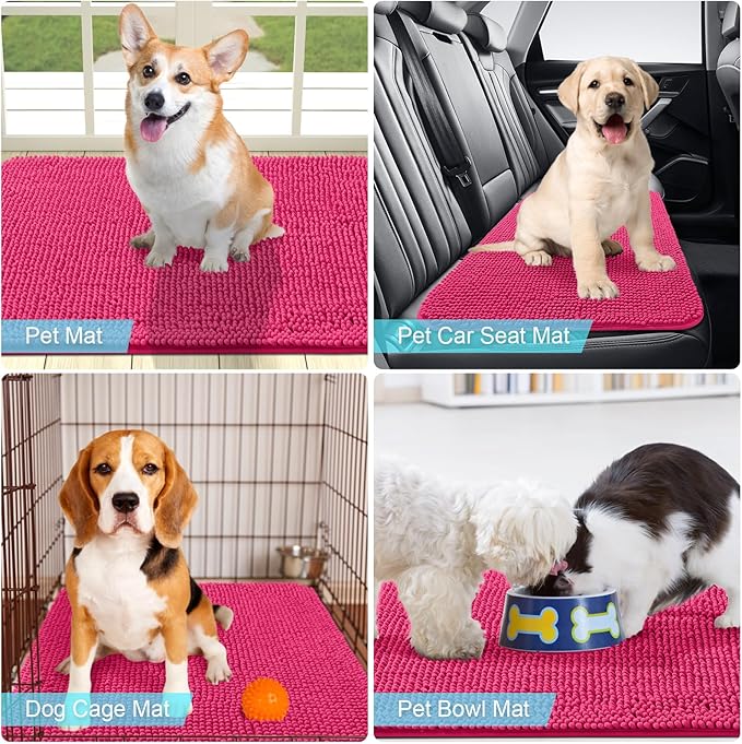 OLANLY Dog Door Mat for Muddy Paws 24x16, Absorbs Moisture and Dirt, Absorbent Non-Slip Washable Mat, Quick Dry Chenille, Mud Mat for Dogs, Entry Indoor Door Mat for Inside Floor, Hot Pink