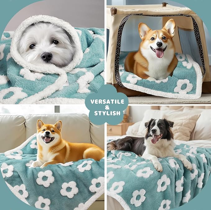 Luciphia Waterproof Dog Cat Blanket Fluffy Thick Fleece Pet Blanket,Washable Double Sided Sherpa Calming Blankets Flower Print Blankets for Medium Large Dogs Cats(Blue,40x28 inches)