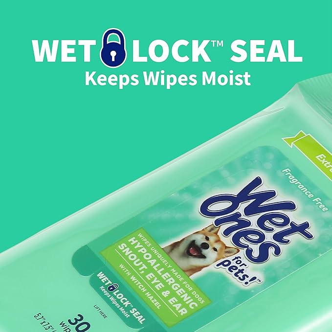 Wet Ones for Pets Extra Gentle Dog Wipes with Witch Hazel for Snout, Eye, Ear, Fragrance-Free Dog Wipes for All Dogs Wipes with Wet Lock Seal (Pack of 8, 240 Count Total)