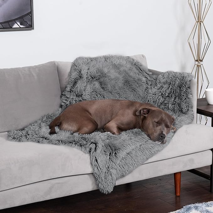 Furhaven Waterproof Throw Blanket for Dogs & Indoor Cats, Washable - Shaggy Plush Calming Long Faux Fur & Velvet Dog Blanket - Gray, Large