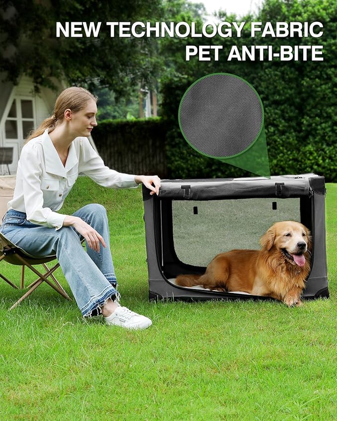 24 Inch Collapsible Travel Dog Crate for Medium Large Dogs, Portable Dog Crate 4-Door Foldable Soft Kennel with Chew-Proof Mesh Windows for Indoor & Outdoor Travel,with Storage Bag,Grey
