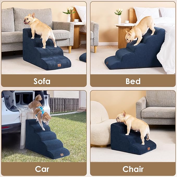 EHEYCIGA Curved Dog Stairs Ramp for High Beds 19.7" H, 4-Step Dog Steps for Small Dogs and Cats, Pet Stairs for High Bed Climbing, Non-Slip Balanced Pet Step Indoor, Navy