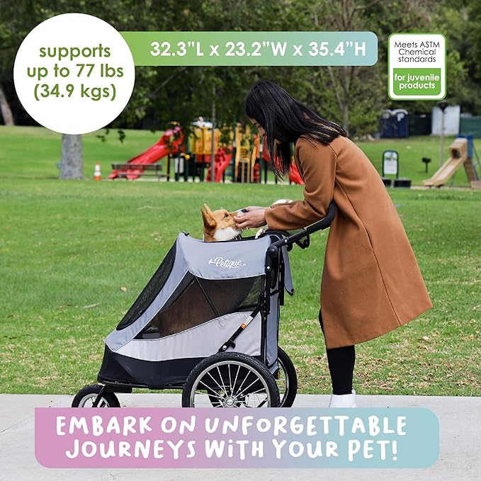 Petique Trailblazer Jogger, Dog Cart for Medium Size Pets, Ventilated Pet Stroller for Cats & Dogs, Gray