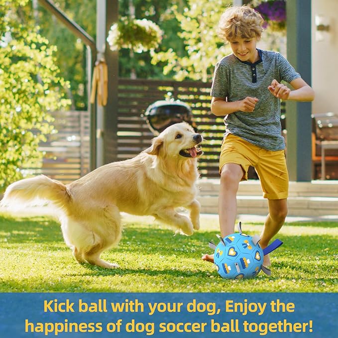 QDAN Dog Toys Soccer Ball with Straps - Durable Dog Balls for Large Dogs, Beach Pool Dog Water Toy, Dog Tug Toys for Tug of War, Puppy Dog Birthday Gifts Blue (8 Inch)