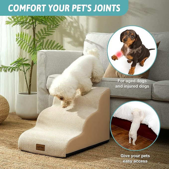 Dog Stairs for Small Dogs, Curved Pet Step with Leakproof Cover, High Density Foam Cat Ramp for Bed or Sofa, Lightweight, Durable, Comfort, 15.7x22.4x15.7 inch, 3 Tiers, Beige