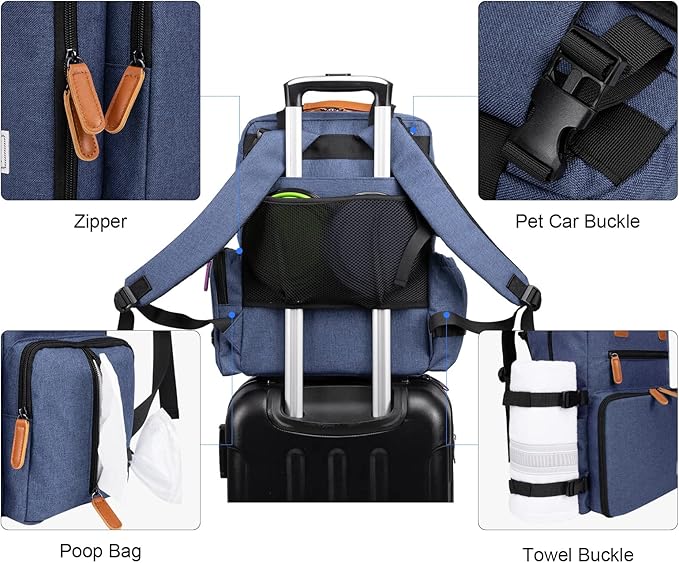 Modoker Dog Travel Bag, Airline Approved Backpack for Pet Accessories Organizer, Tote Weekend Bag with 2 Dog Food Storage Containers, 2 Collapsible Dog Bowls, 1 Pet Mat, Blue