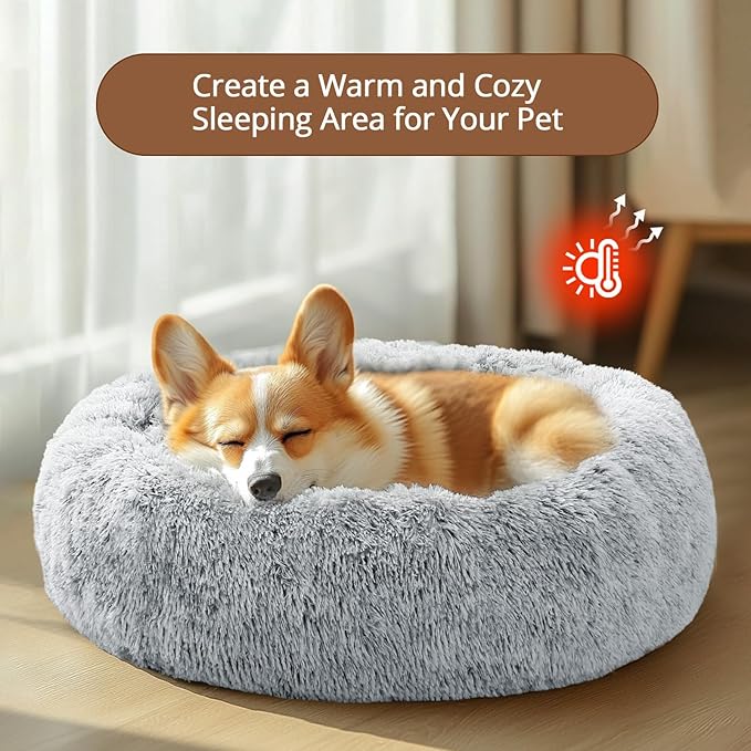 JOLLYVOGUE Small Dog Bed & Cat Bed, Anti-Anxiety Calming Dog Bed for Small Dogs, Donut Warming Cozy Soft Round Pet Bed, Fluffy Faux Fur Cushion Bed for Small Medium Dogs(20")