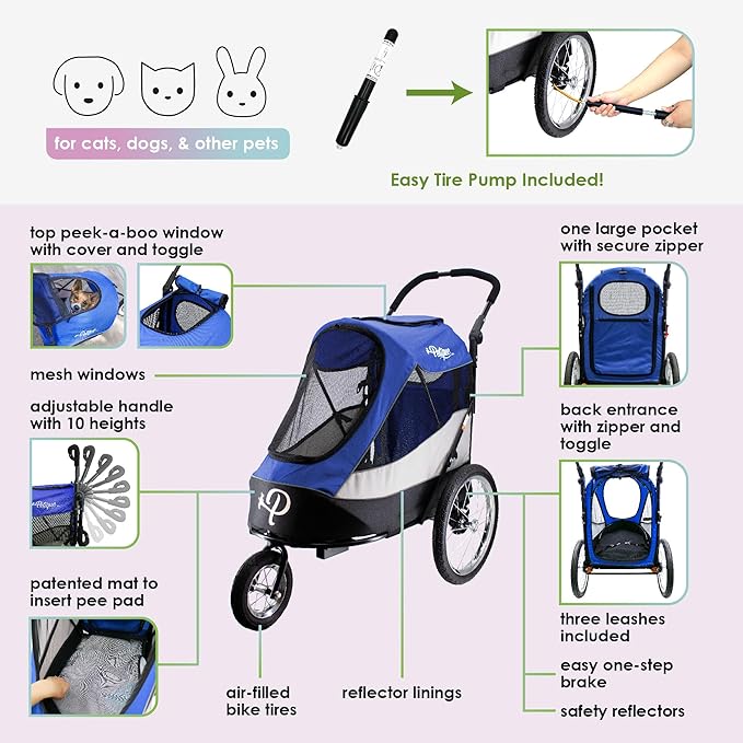 Petique Trailblazer Pet Jogger/Stroller, Bike Trailer, Shock Absorbing Bike Wheels, Large Entry Way, Peek-a-Boo Window, Small/Medium/Large Dogs, Cats and Pets, Supports up to 77LBS - Atlas (Blue)