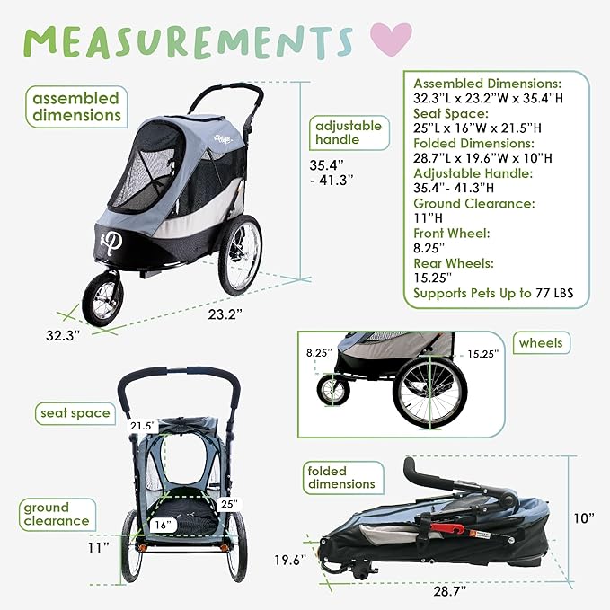 Petique Trailblazer Jogger, Dog Cart for Medium Size Pets, Ventilated Pet Stroller for Cats & Dogs, Gray