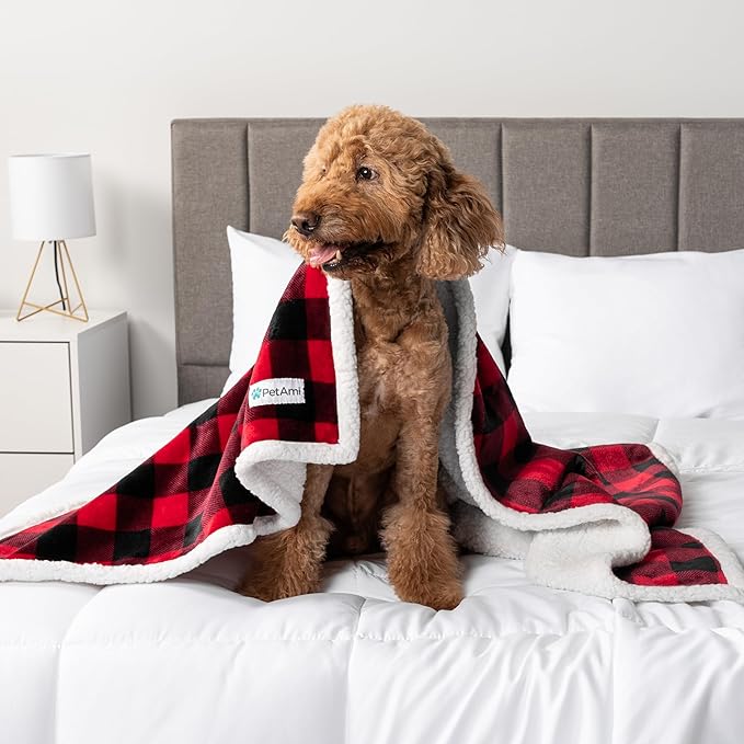 PetAmi Waterproof Dog Blanket for Small Medium Dog, Pet Puppy Blanket Couch Cover Protection, Sherpa Fleece Cat Blanket Couch Sofa Bed Furniture Protector Reversible Soft Washable 29x40 Checker Red
