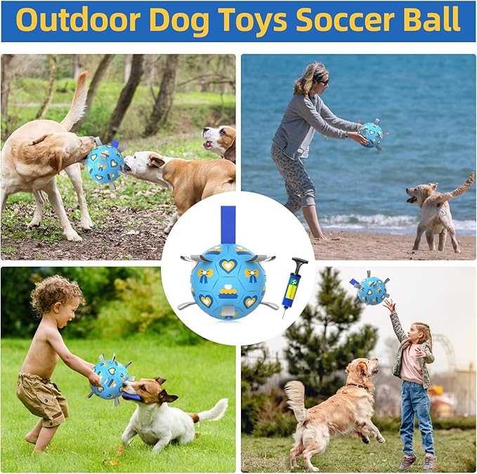 QDAN Dog Toys Soccer Ball with Straps - Durable Dog Balls for Large Dogs, Beach Pool Dog Water Toy, Dog Tug Toys for Tug of War, Puppy Dog Birthday Gifts Blue (8 Inch)