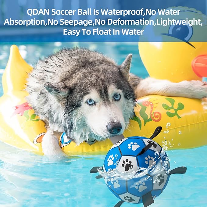 QDAN Dog Ropes Toys Soccer Ball with Straps, Interactive Dog Toys for Tug of War, Puppy Birthday Gifts, Dog Tug Toy, Dog Water Toy, Durable Dog Balls for Medium & Large Dogs-Blue&Grey(8 Inch)