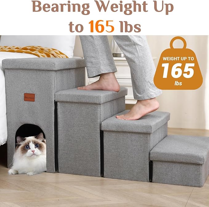 JOLLYVOGUE Dog Steps for Small Dogs, Cat Stairs with Storage, Non-Slip Dog Steps for Beds Couches, Foldable Pet Stairs Helper for High Beds, Dog Ramp for Small Cats, 3-Tiers, Hold Up to 200 lbs