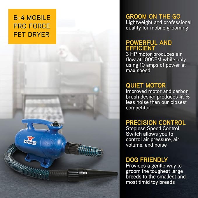 XPOWER B-4 Professional Pet Grooming Force Dryer with Powerful and Quiet Motor, Variable Speed Control, Versatile For All Coats and Breeds